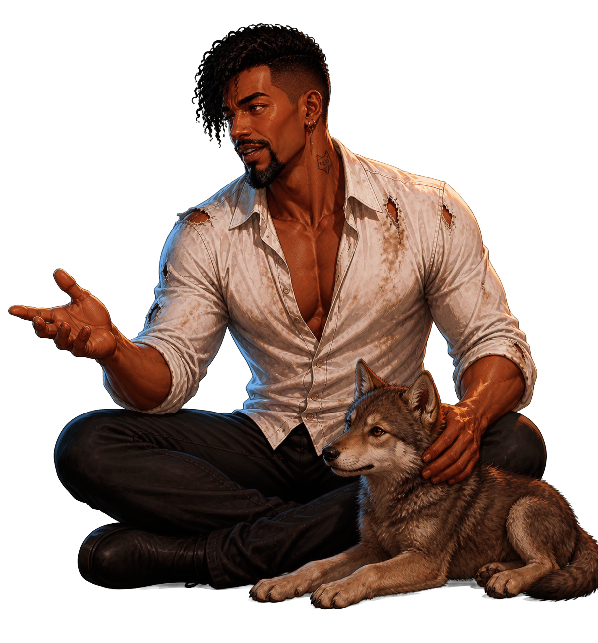 Ray seated beside a wolf pup