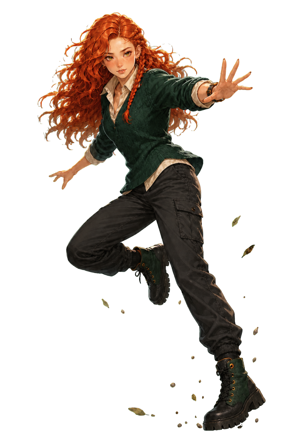 Bo reaching forward, her red hair flowing