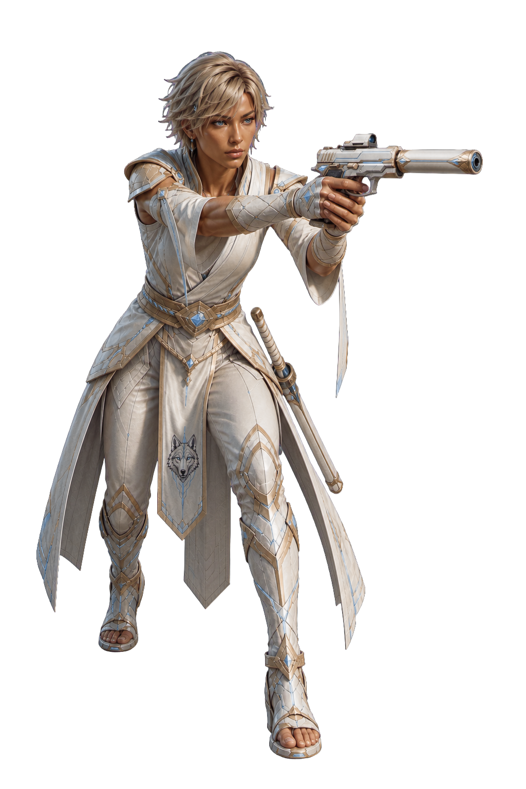 Inoa Azula in white, advancing with a suppressed pistol