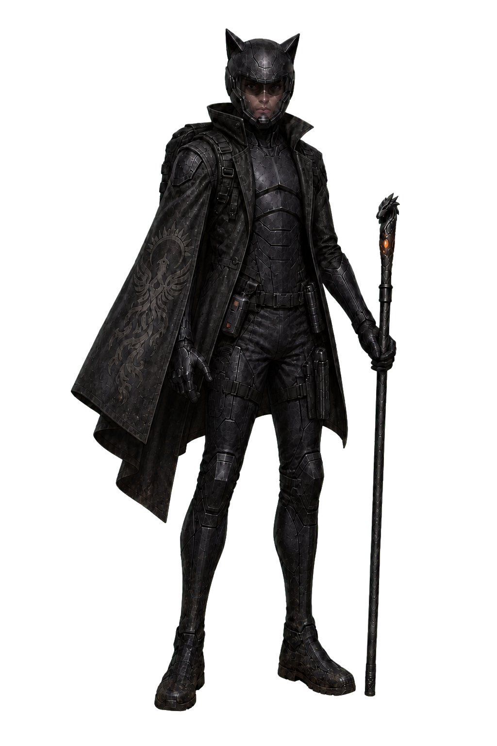 Itori in obsidian armor, a pointed helmet and a patterned cape, carrying a staff