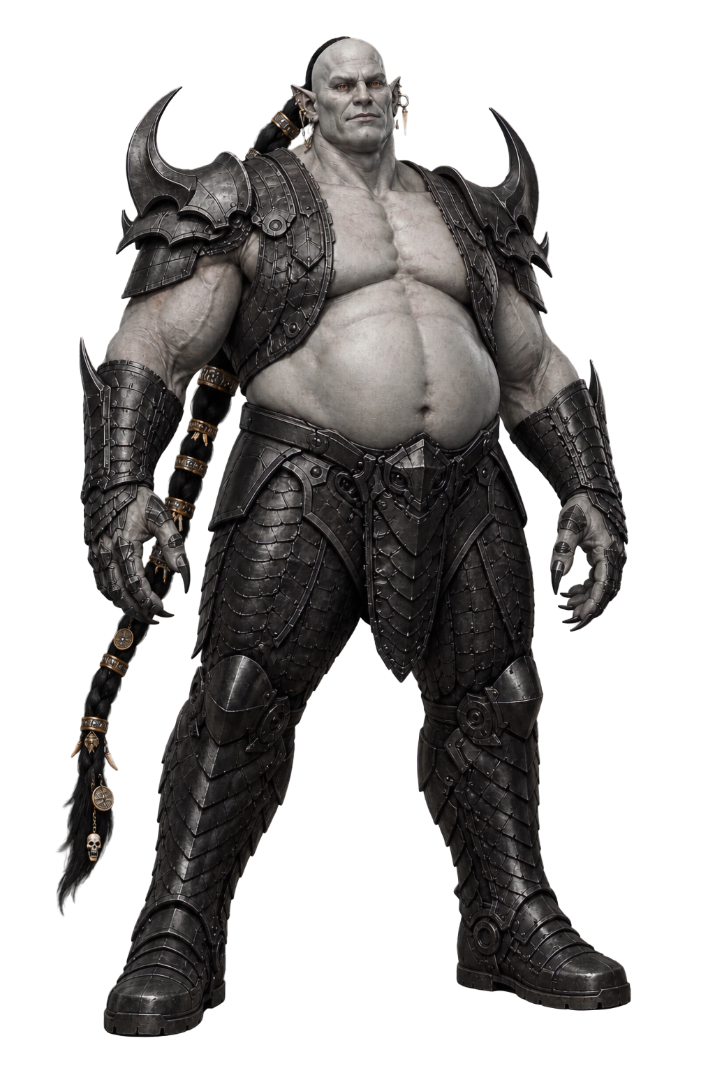 Mudana, a large gray-skinned figure in heavy dark armor with curved shoulder spikes