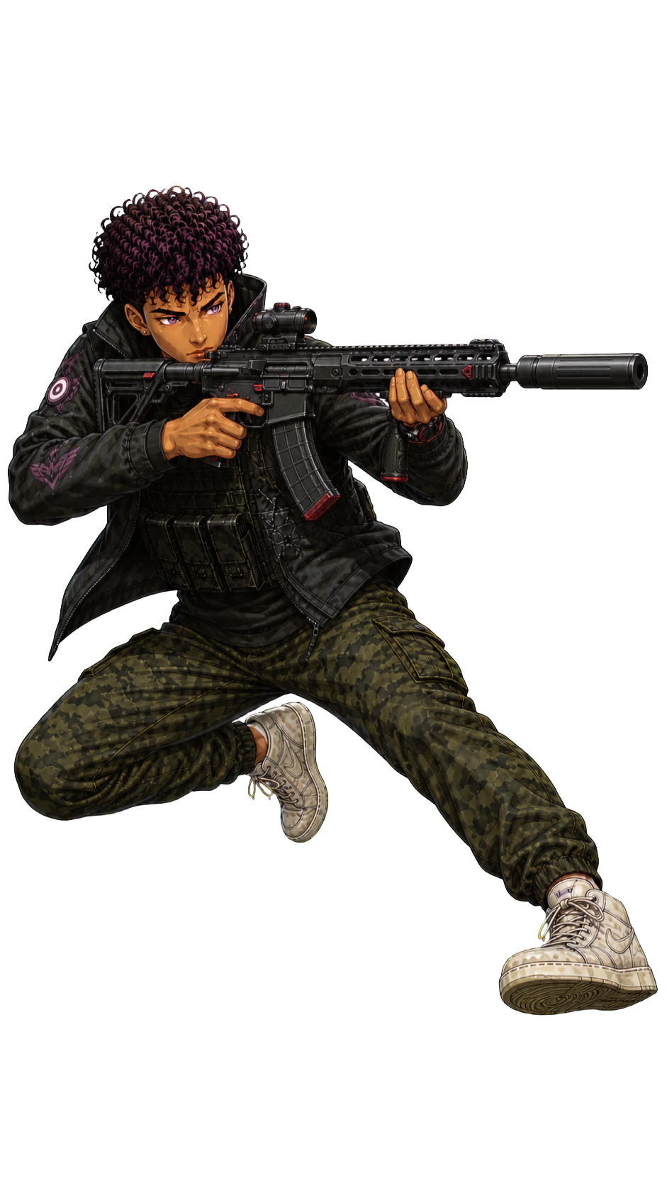 Roku in a low sliding stance with his rifle