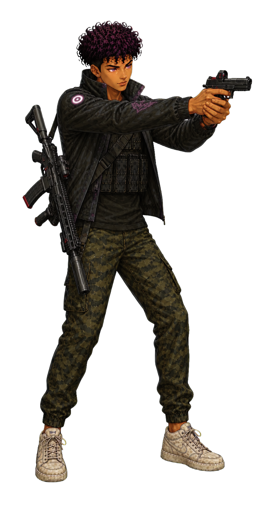 Roku aiming a sidearm with a rifle slung at his side