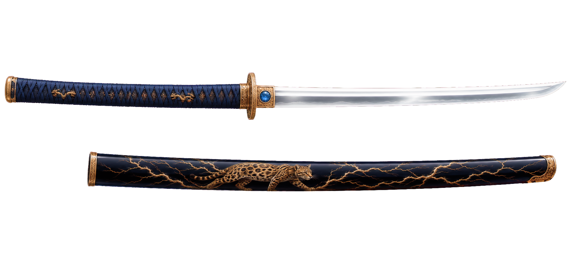 Katana with a blue and gold handle, and a black scabbard decorated with gold lightning and a leopard