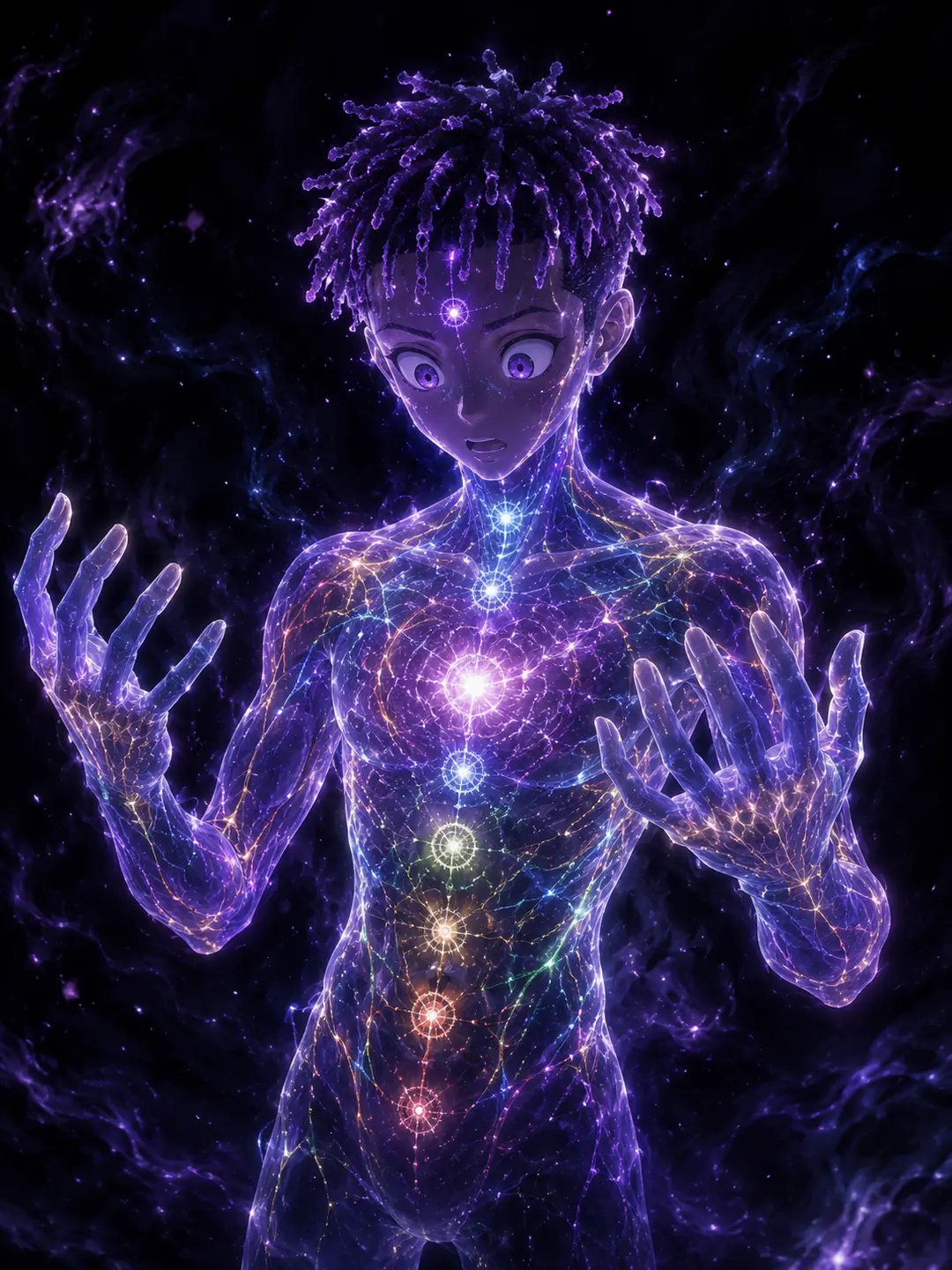 A figure of light with a constellation in their chest